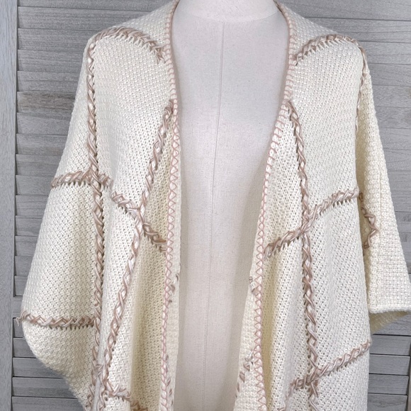 KNOX ROSE Boho Open Front Cardigan/Poncho Sweater Cream w Pink Tan Braiding-S - Picture 2 of 3